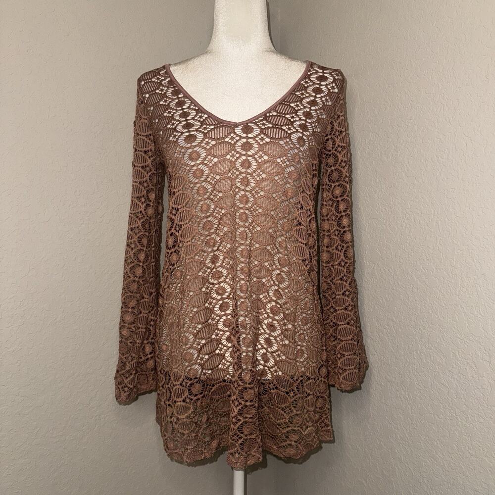 Green Envelope Los Angeles Pink Lace Bell Sleeve‎ Swim Coverup M Coquette Resort